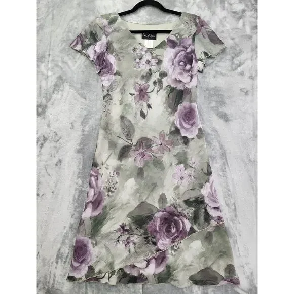 Vintage 90s SL Fashions Floral Asymmetric Chiffon Overlay V-Neck Dress 8 Green - Picture 1 of 10